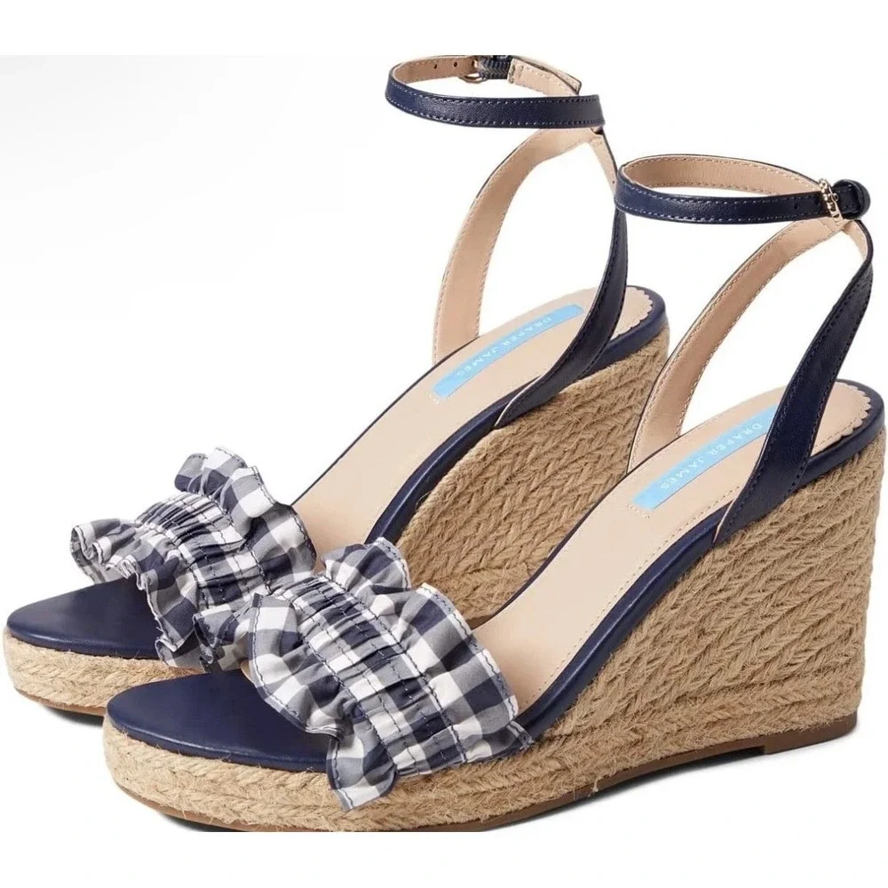 Draper James Abigail Navy Gingham Ruffle Espadrille Wedge Sandals Womens 8.5 NEW